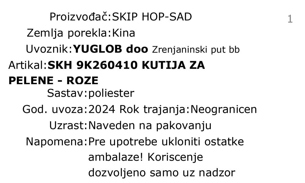 Skip Hop višenamenska korpa za pelene 9K260410 deklaracija